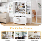 71.1" Tall Freestanding Kitchen Pantry Cabinet, Wooden Food Storage Cupboard with 7 Drawers, 8 Door Shelves, 3 Adjustable Shelves and 8 Wine Racks, Multi-Use Storage Cabinet,White