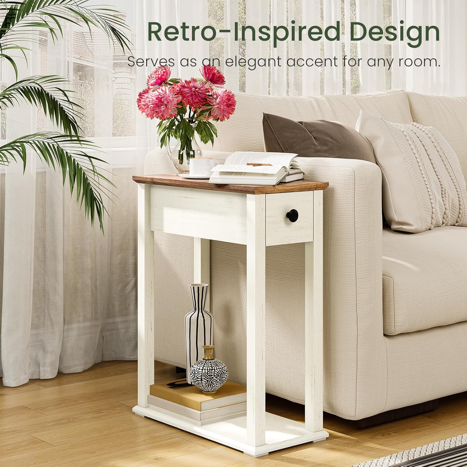 CHOEZON Farmhouse End Table, 2-Tier Narrow Side Table with Drawer, Wooden Nightstand, for Small Space, Living Room, Bedroom, Cloud White and Walnut MBZ13WL