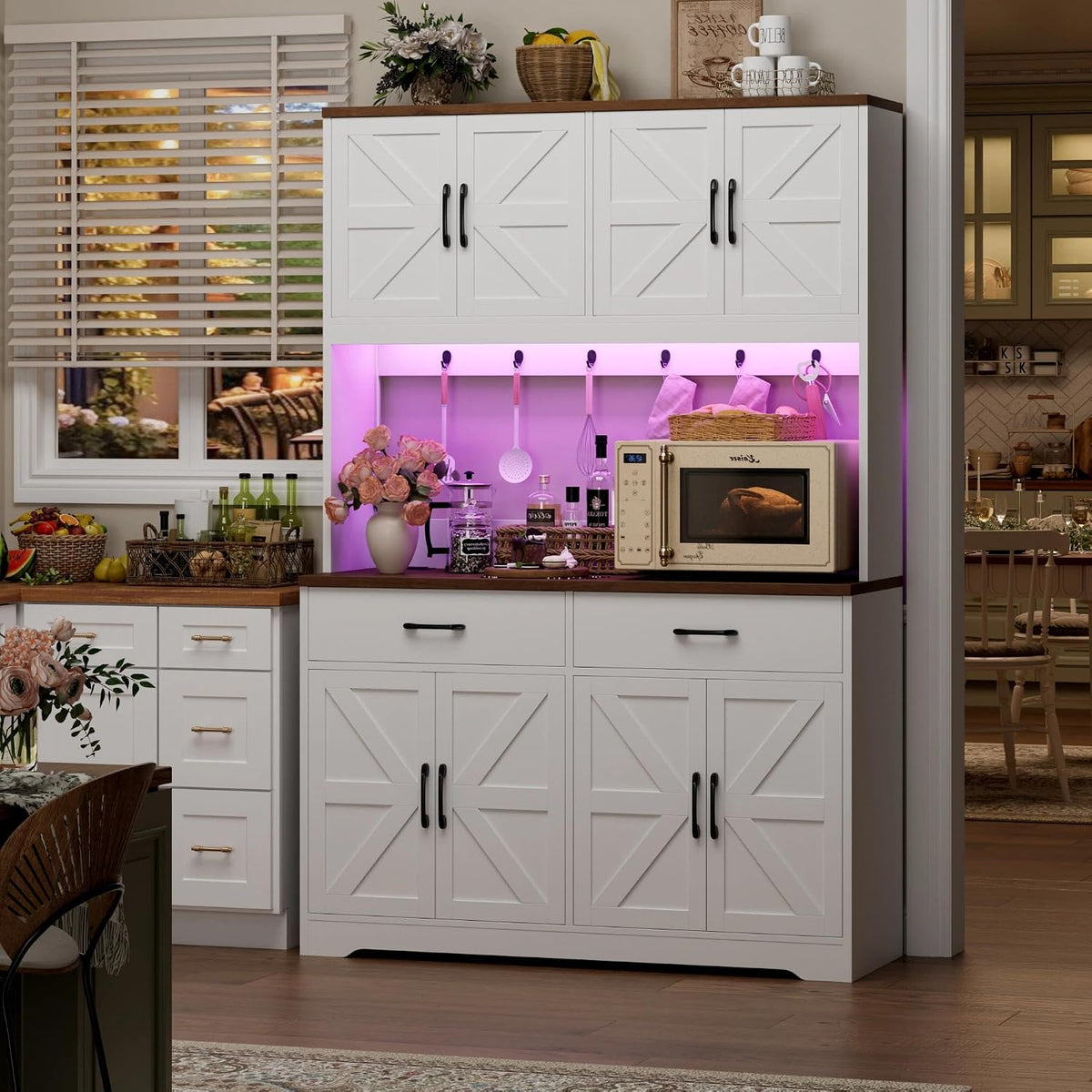HIFIT 71" LED Pantry Cabinet with Charging Station, Tall Coffee Bar Cabinet | Farmhouse Kitchen Hutch Cabinet with Storage, Large Countertop, 7 Metal Cup Hooks, White