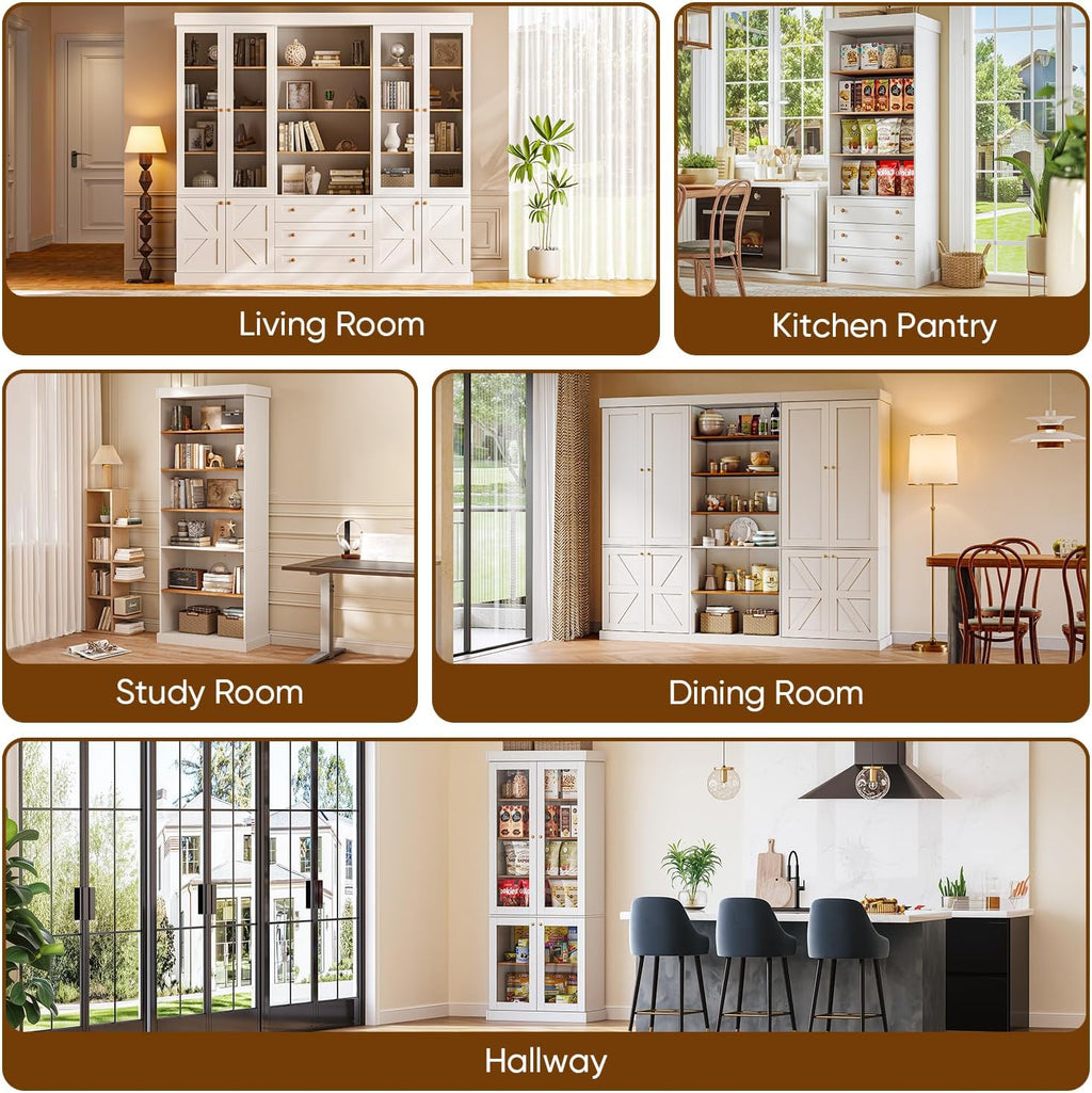 70.8" Tall Farmhouse Modular Kitchen Pantry Cabinet with Glass Doors & Wooden Storage Hutch with Six-Tier Adjustable Shelves, White，2pcs
