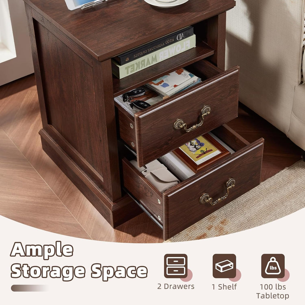 Farmhouse Night Stand with Charging Station, Walnut | 2 Drawers End Tables Bedroom, Bedside Table with Rustic Handles & Floor-Standing Thickened Foot & Open Shelf