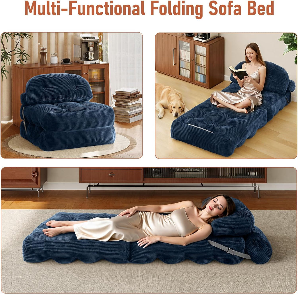 Folding Sofa Bed, Convertible Sleeper Chair with Back Support and Pillow | Foldable Couch for Living Room/Guest Use/Home Office, Foldable Chair Bed for Adults, Navy