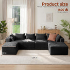 Couch ≈139" U-Shaped Sofa, Modular Sofa in Living Room Comfy Corduroy Fluffy Couch with Deep Seat and Side Pockets, Flexible Module Combination for Living Room (Black, 139IN)