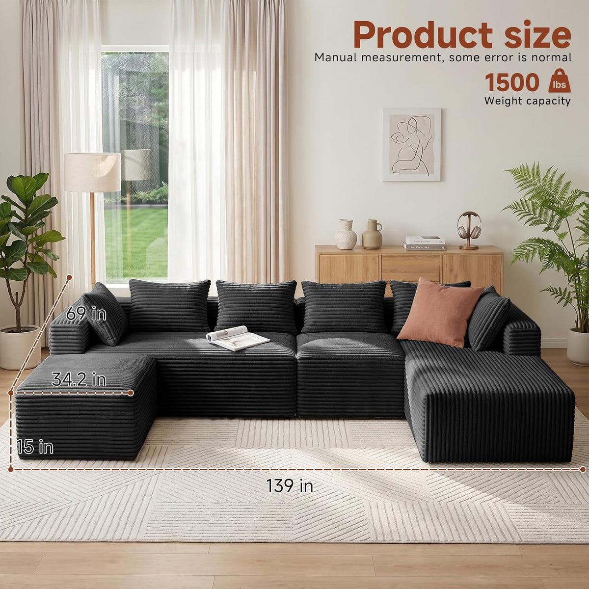 Couch ≈139" U-Shaped Sofa, Modular Sofa in Living Room Comfy Corduroy Fluffy Couch with Deep Seat and Side Pockets, Flexible Module Combination for Living Room (Black, 139IN)