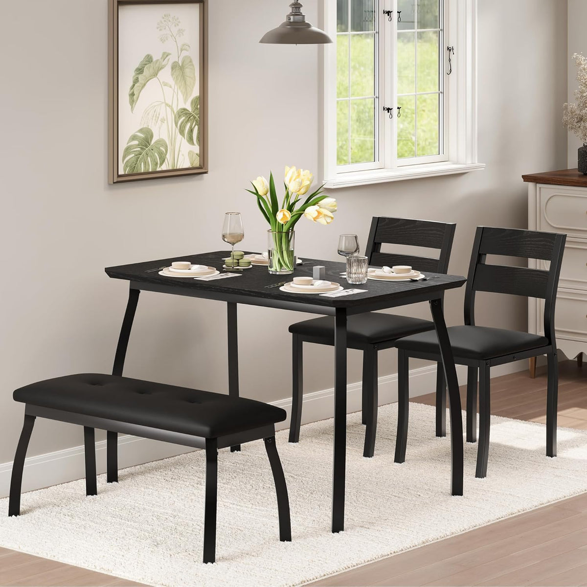 Dining Table Set for 4, 3-Piece Wooden Kitchen Table with 2 Upholstered Benches, Space-Saving Dinette Set for Restaurant, Studio, Dining Room, Home Kitchen, Gray (Black, 2 Chairs + 1 Bench)