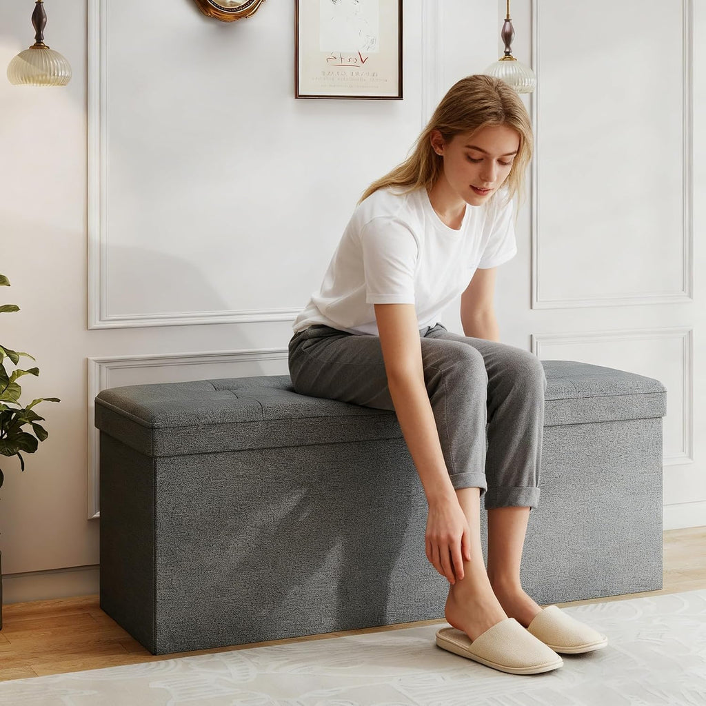 KROFEM 43.5" Folding Storage Ottoman Bench,Rectangle Foot Rest Stool for Living Room and Bedroom Holds 660 lbs,Light Gray