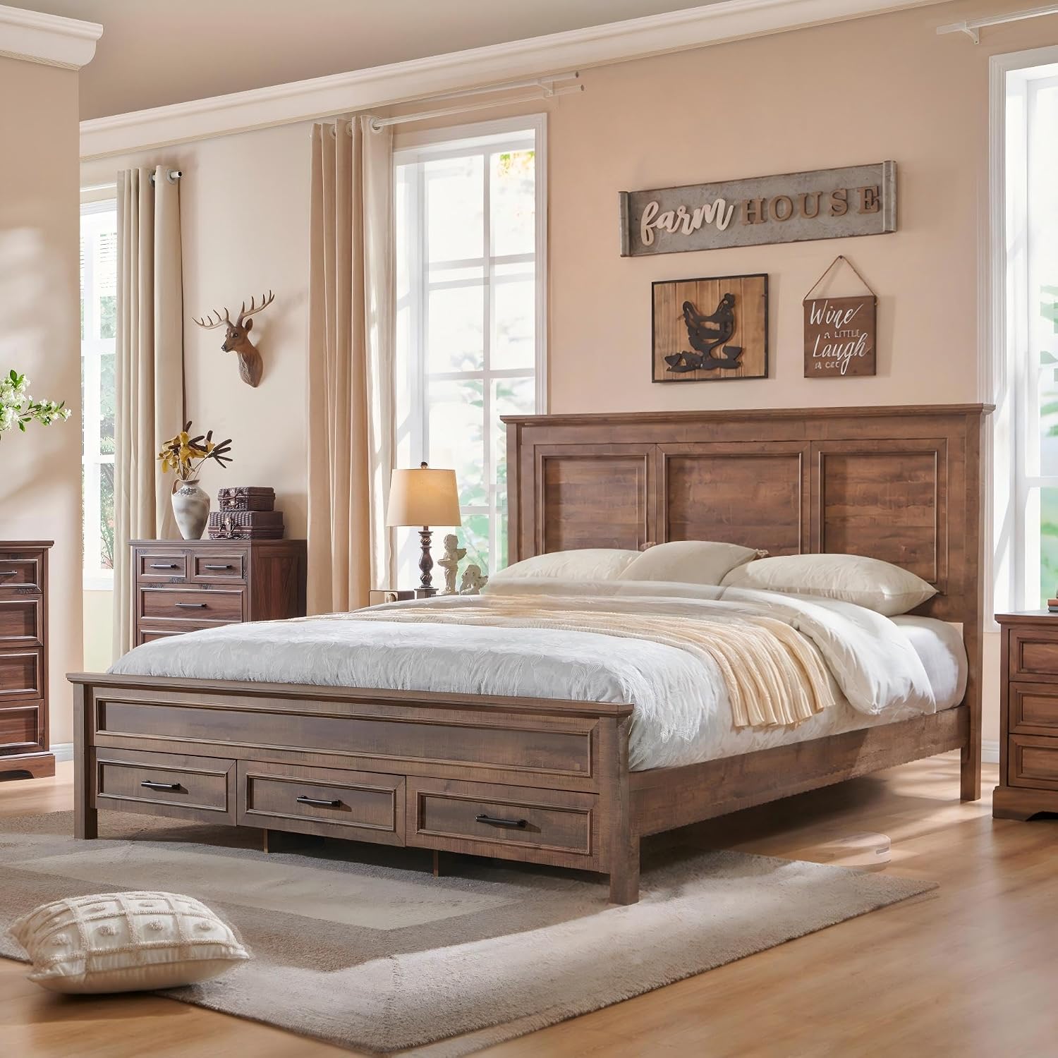 ACCOHOHO Farmhouse King Size Bed Frame with 53" Tall Headboard, Light Brown