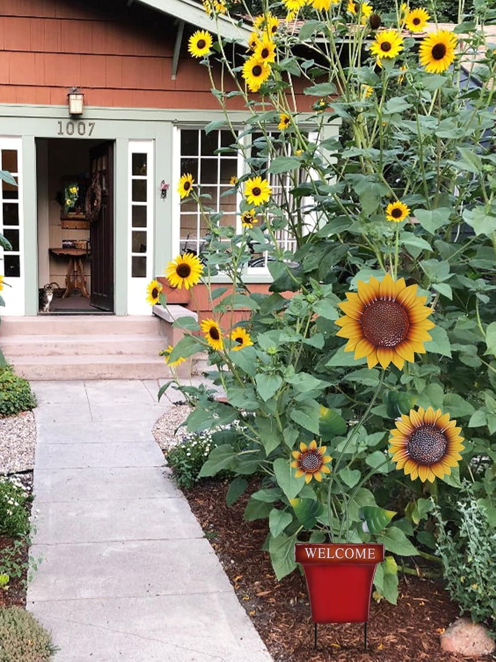 hogardeck Garden Decor for Outside, 39" Sunflower Pot Decorative Garden Stakes for Spring Outdoor Decor, Metal Yard Art Sunflower Welcome Sign for Porch Patio Lawn Pathway Backyard Decorations