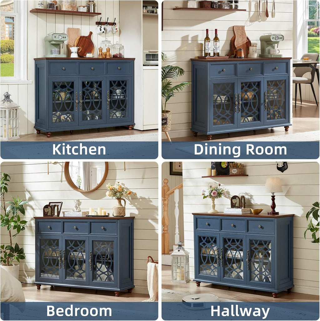 Joaxswe Farmhouse Sideboard Buffet Cabinet with Storage,48" Large Credenza with 3 Glass Doors & 3 Drawers,Adjustable Shelves Console Table,Wood Kitchen Coffee Bar for Dining Room,Living Room,Navy Blue