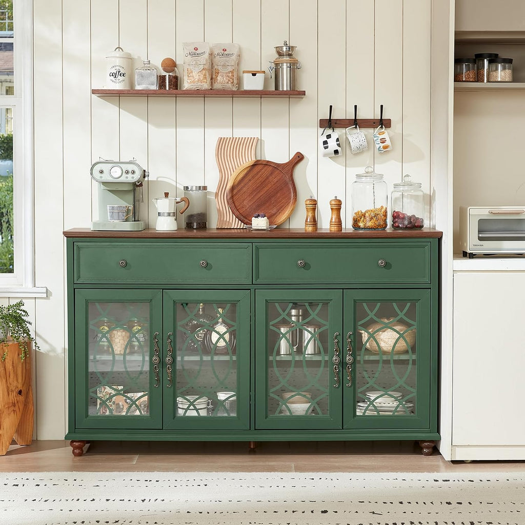 Joaxswe Farmhouse Sideboard Buffet Cabinet with Storage,Adjustable Shelves Console Table,59" Large Credenza with 4 Glass Doors & 2 Drawers,Wood Kitchen Coffee Bar for Dining Room,Living Room,Green