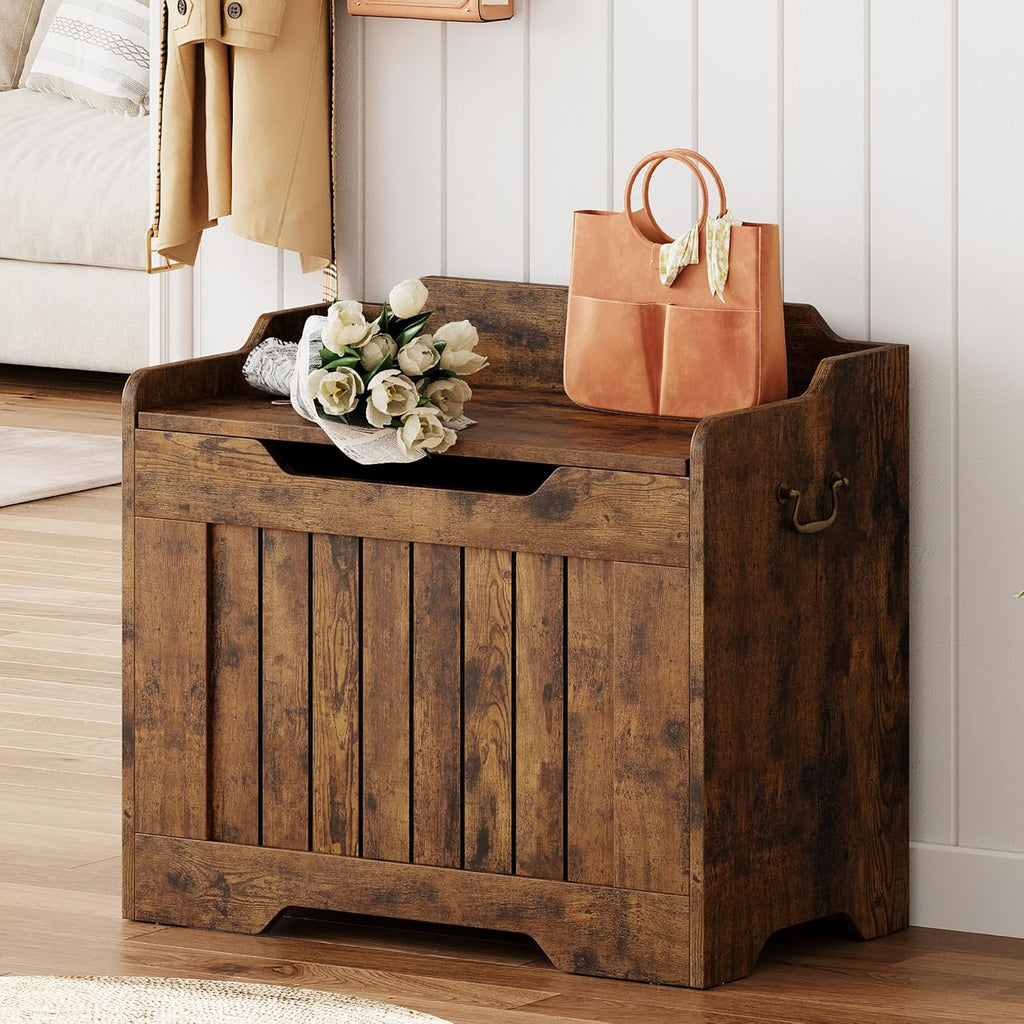 Garvee Storage Chest, Wooden Storage Bench with Safety Hinge, Flip Top Blanket Chest Trunks, Supports 350 Lb, for Entryway, Living Room, Bedroom (Rustic Brown, 24.8" L x 14" W x 22" H)