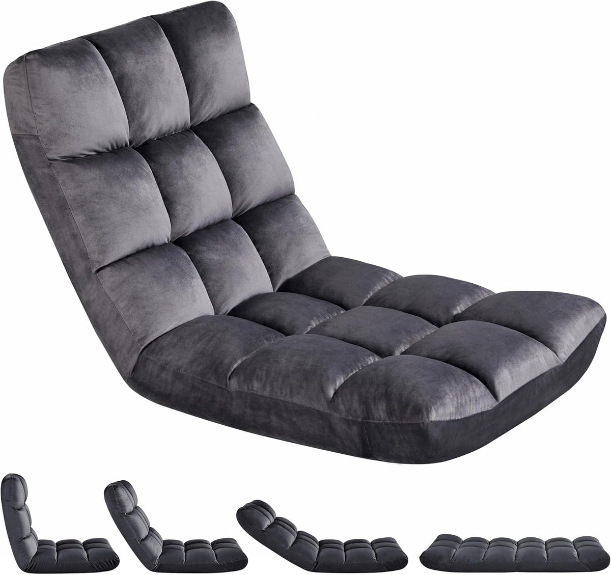 Yaheetech 14-Position Folding Floor Chair with Adjustable Back Support Gray | Velvet Floor Gaming Chair with Thick Foam, Iron Frame Floor Seat, Easy to Store, Lazy Recliner for Yoga Meditation