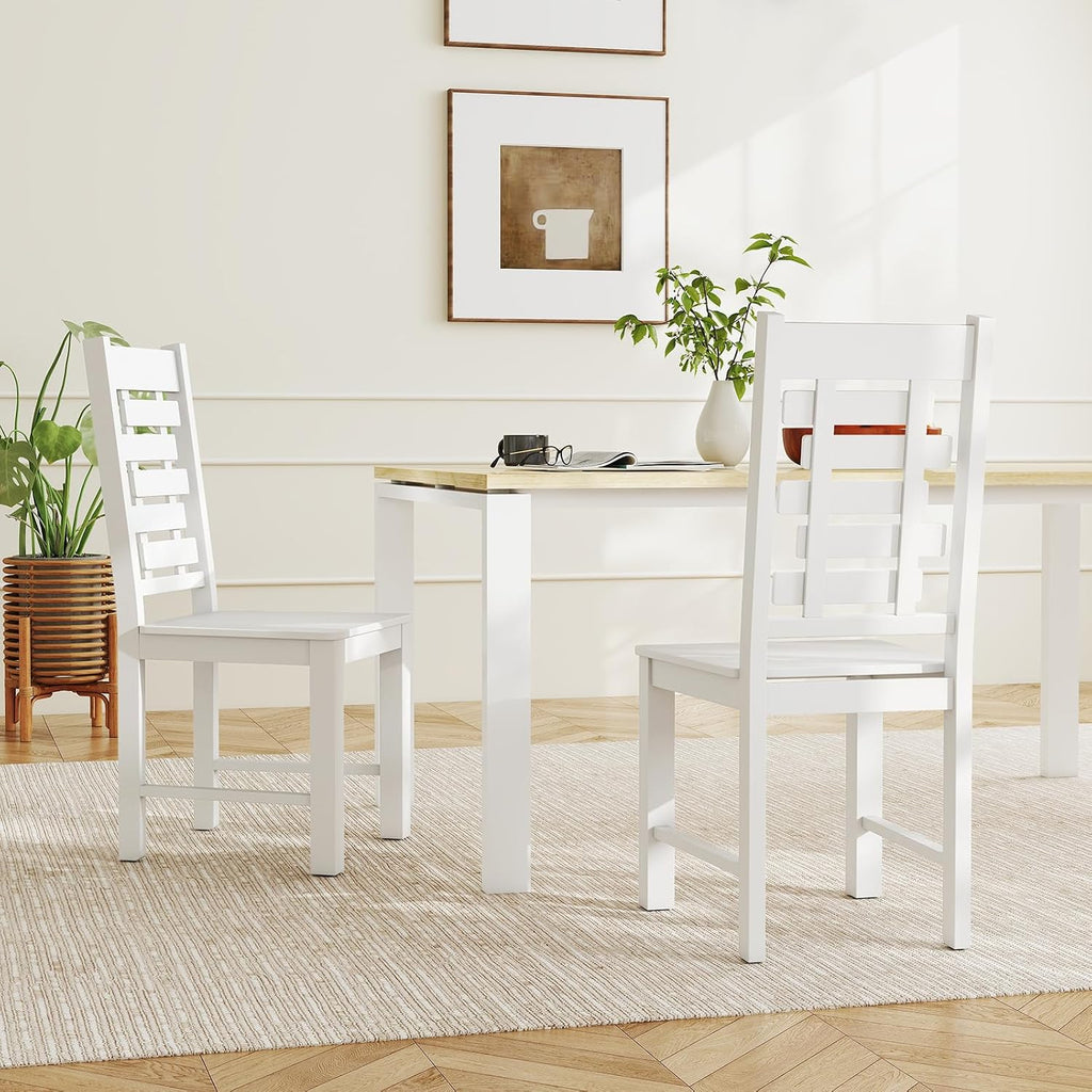 Giantex Wooden Dining Chairs Set of 4, 100% Solid Rubber Wood Kitchen Chair with High & Tilted Backrest, Wide Seat, Mid-Century Modern Side Armless Chairs for Dining Room Living Room, White