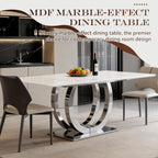 69.3" White Marble Dining Table for 6-8, Luxury Rectangular Kitchen Table with Silver Double U-Shape Stainless Steel Base, Modern Large Faux Marble Dining Room Table for Kitchen Living Room