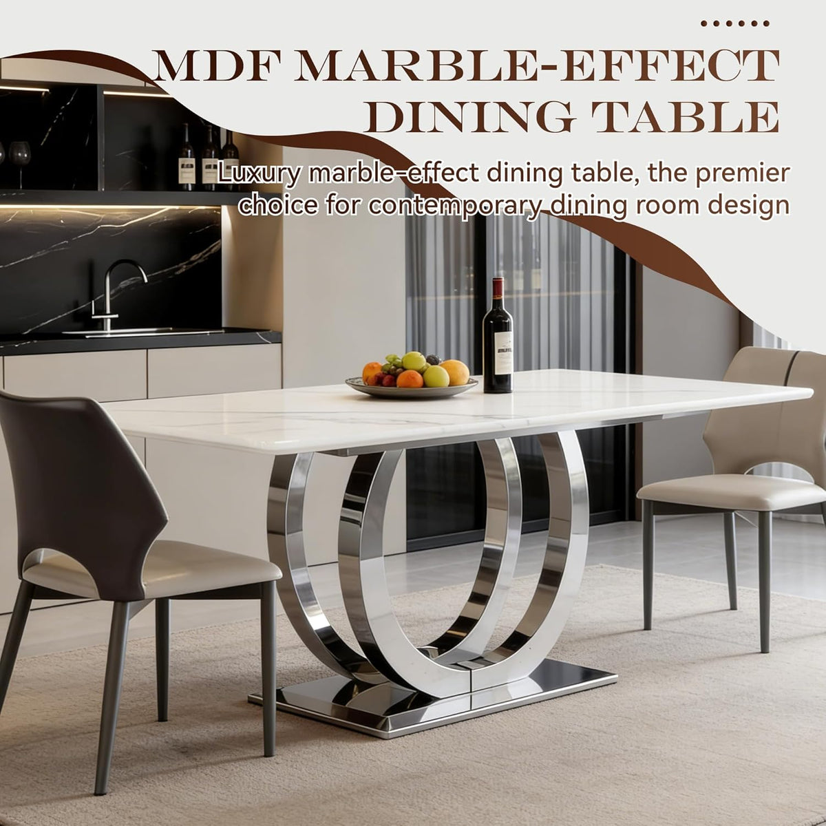 69.3" White Marble Dining Table for 6-8, Luxury Rectangular Kitchen Table with Silver Double U-Shape Stainless Steel Base, Modern Large Faux Marble Dining Room Table for Kitchen Living Room