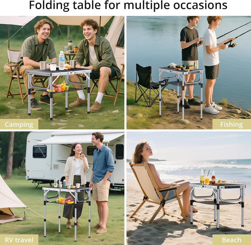 Anbte Folding Camping Table, 24"X 16" Adjustable Height Small Folding Table | Aluminum, with Carrying Handle, Lightweight, Portable Camping Table for Outdoor Indoor Picnic Beach BBQ Grill Patio (Black)