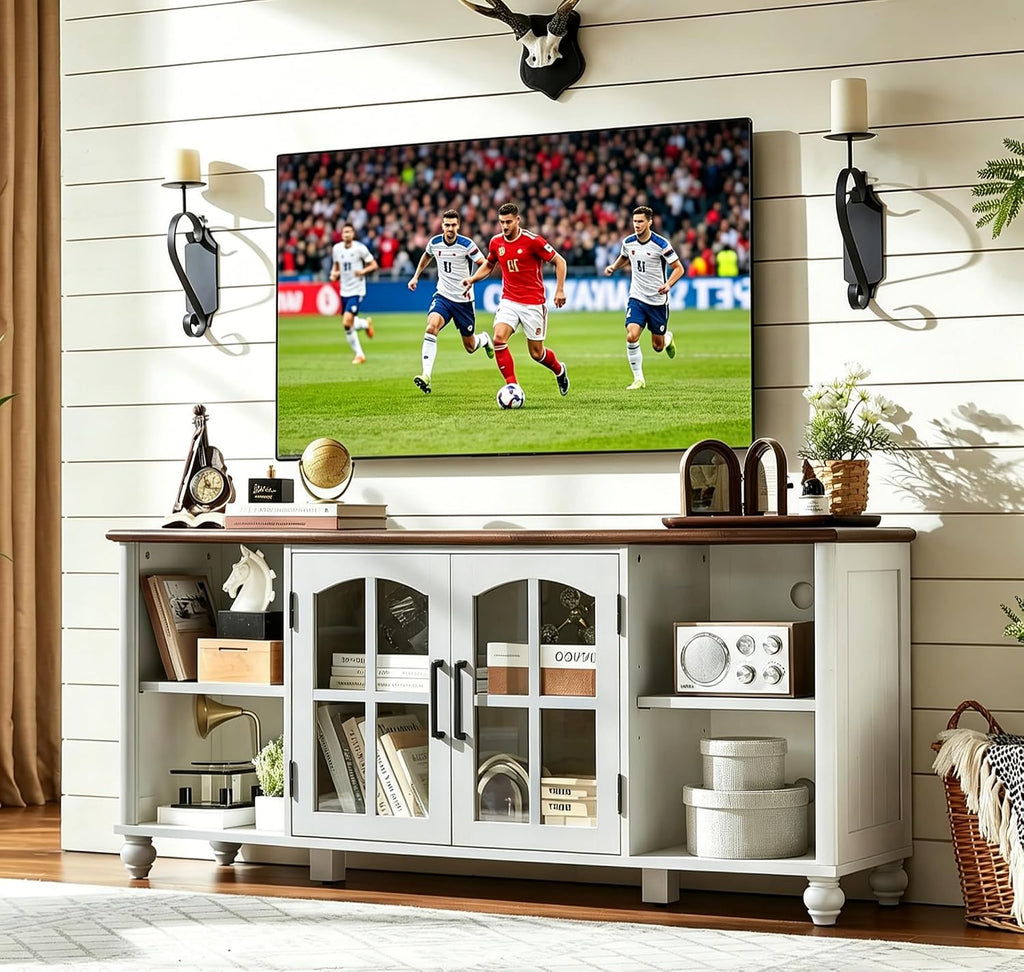 RWYHG Farmhouse TV Stand for 60 in TV, Entertainment Center for Living Room | Adjustable Shelves, Magnetic Glass Door, Sturdy Gourd Base, Wood Grain Top, High Capacity Storage Cabinet, White