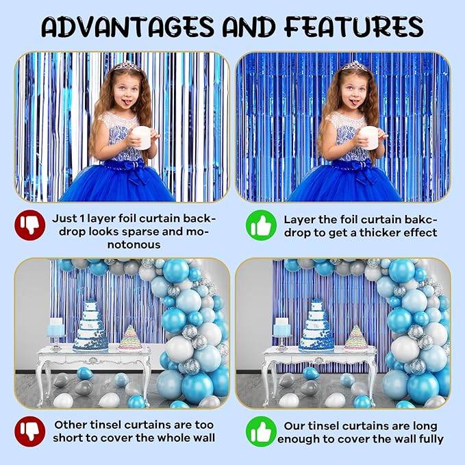 2 Pack Blue Foil Fringe Backdrop Curtains, Tinsel Streamers Birthday Party Decorations, Fringe Backdrop for Graduation, Baby Shower, Gender Reveal, Disco Party