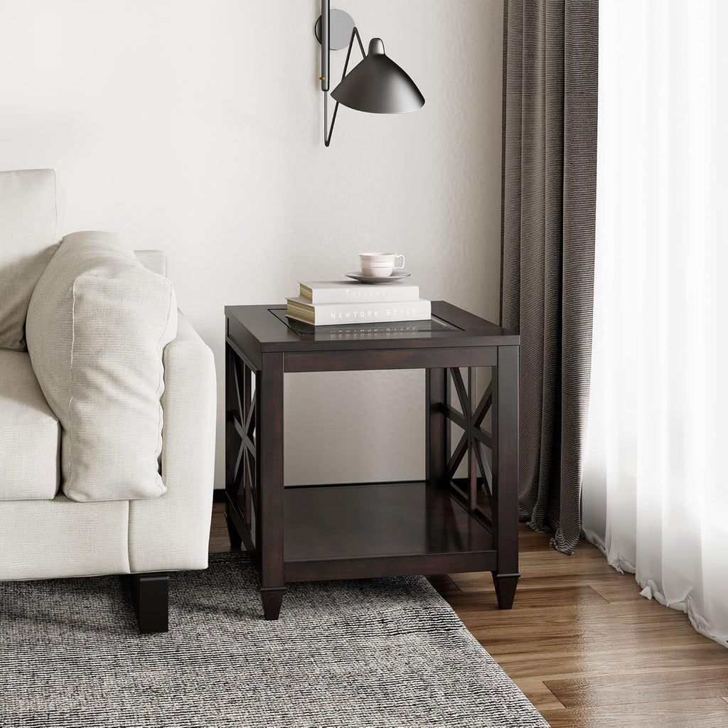 2-Tier Solid Wood End Table with Tempered Glass, Square Wooden Sofa Side Table Rustic Country Glasstop Espresso Nightstand with Shelf & Asterisk-Shaped Leg Base for Living Room, 27x22.5x24in
