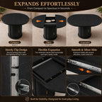 47-63" Extendable Round Dining Table with Storage for 4-6 Person, Fluted Circle Dining Table with 2-Tier Shelves|Leaf, Space-Saving Design (Black, 4-6 Person)