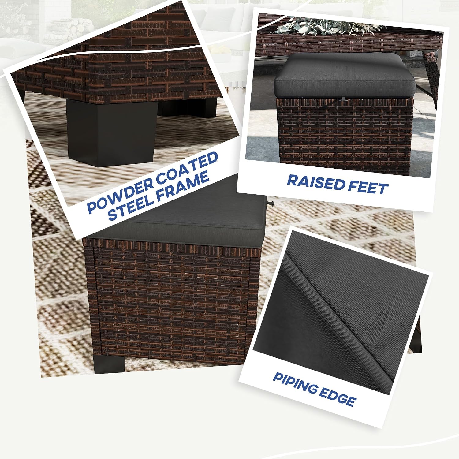 Outsunny 2 Pieces Outdoor Patio Ottomans, All Weather Wicker Footstools with Removable Cushions, 3-in-1 PE Rattan Ottoman Seat, Footrest and Side Table for Backyard, Poolside, Gray