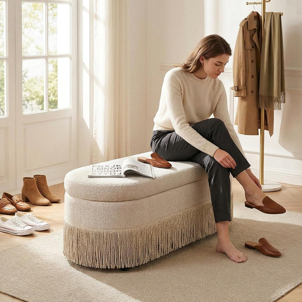 39.4“ Boho Storage Ottoman Bench with Tassels,Upholstered End of Bed Bench | Linen Oval Ottoman with Storage, Entryway Foot Rest for Bedroom, Lift-Top Lid with Safety Hinge, Living Room, Beige