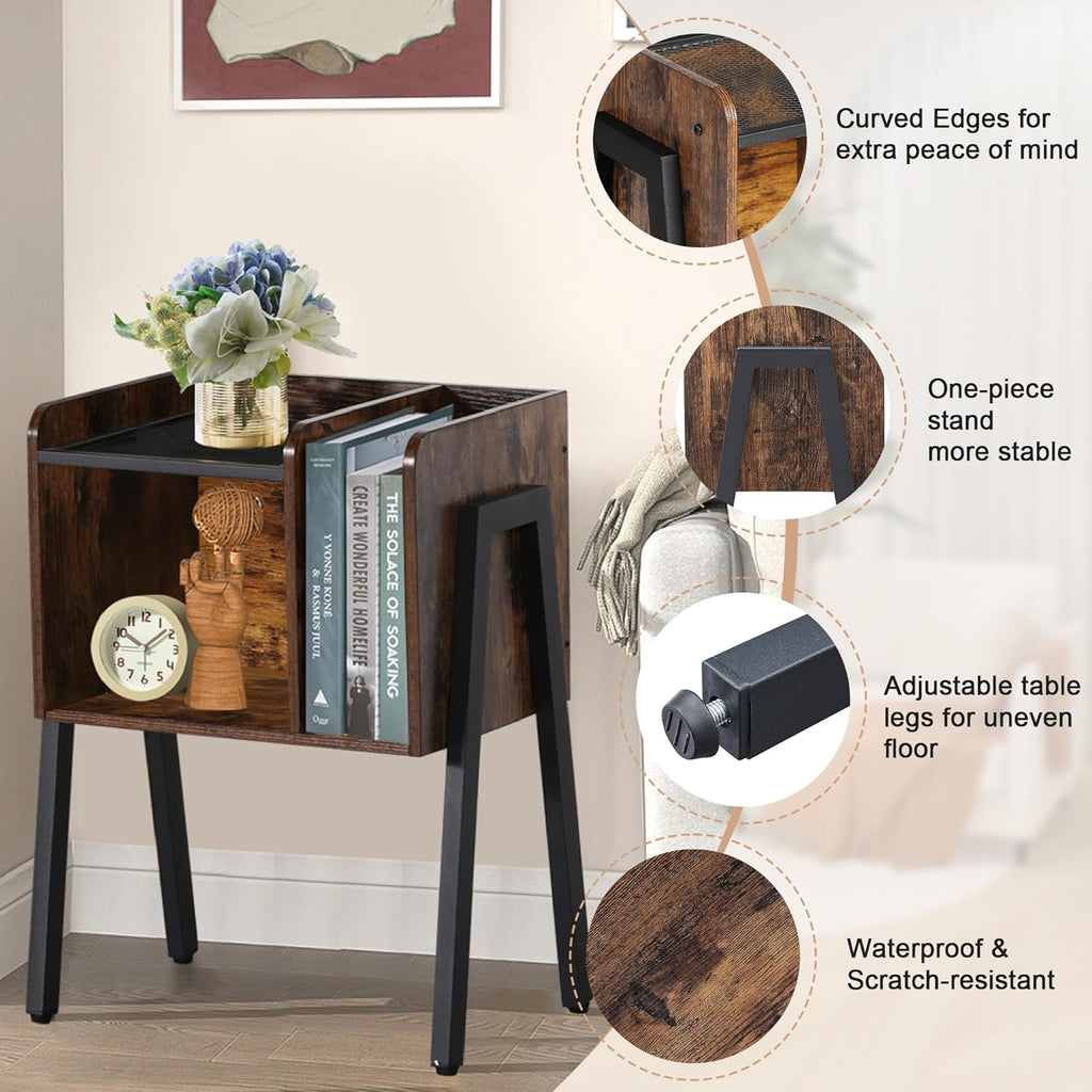 VECELO Nightstand Industrial End Table,Bedside Table with 2-Tier Open Storage Shelves,Wood Side Table with Metal Frame for Bedroom, Living Room,Small Spaces