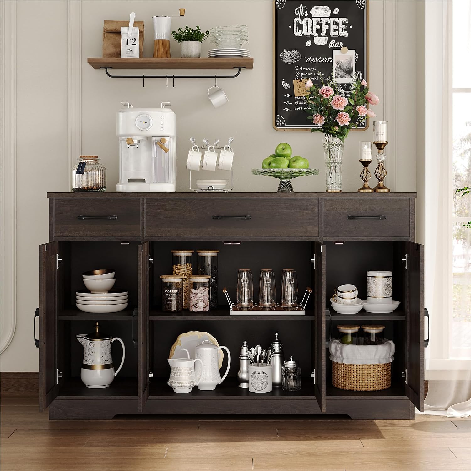 HOSTACK Kitchen Buffet Sideboard Storage Cabinet, Coffee Bar Cabinet, Brown