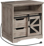 RALGEND Farmhouse End Table with Charging Station, Sofa Side Table with 2 Drawers and Barn Door, Rustic Wooden Nightstand Bedside Table for Bedroom, Living Room, Greige