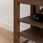 24" Short Entryway Shoe Storage Bench with Cushion, Height Adjustable 3-Tier Rubberwood Shoe Rack with Hidden Compartment, Brown Wood Shoe Organizer for Small Spaces