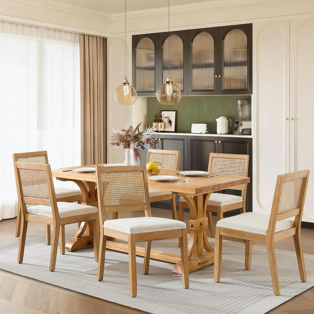 SoarFlash French Dining Chairs Set of 4, Vintage Louis Dining Chairs with Rattan Backrest, Wooden Framehouse Chairs for Living Room, Kitchen, Restaurant, Beige