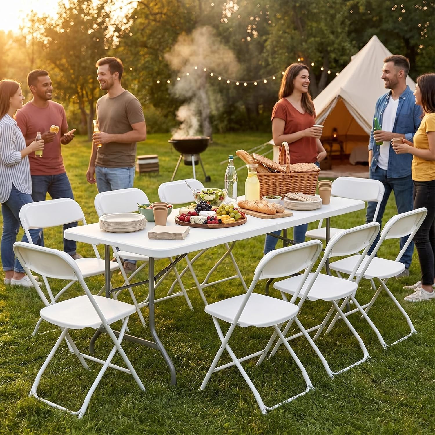 6 FT Folding Picnic Table Easy to Fold and Store, Foldable Table for Camping Picnic Dining Party Kitchen Outdoor Indoor with Carrying Handle, White