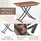 Space Saving Folding Dining Table, Adjustable Height Foldable Coffee Table with Wooden Tabletop and Metal Legs, Small Transformer Kitchen Table for Living Room, Dining Room, Apartment