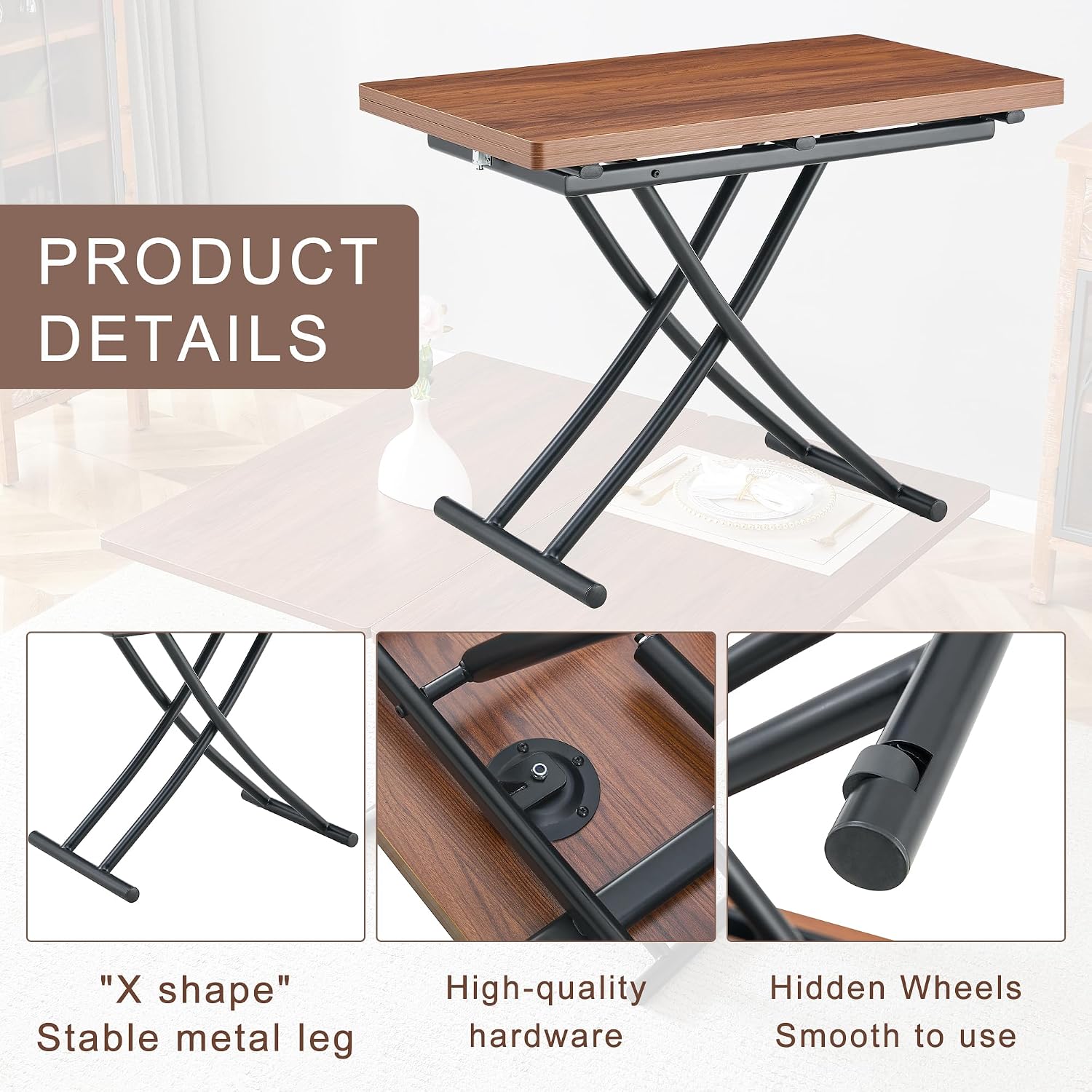 Space Saving Folding Dining Table, Adjustable Height Foldable Coffee Table with Wooden Tabletop and Metal Legs, Small Transformer Kitchen Table for Living Room, Dining Room, Apartment