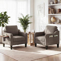 Accent Chairs Set of 2 for Living Room, Mid-Century Upholstered Armchair with Foldable Table & 2 Side Pockets, Modern Linen Wooden Sofa Chair for Bedroom & Reading Room, Brown