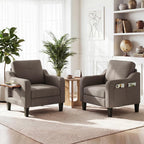 Accent Chairs Set of 2 for Living Room, Mid-Century Upholstered Armchair with Foldable Table & 2 Side Pockets, Modern Linen Wooden Sofa Chair for Bedroom & Reading Room, Brown