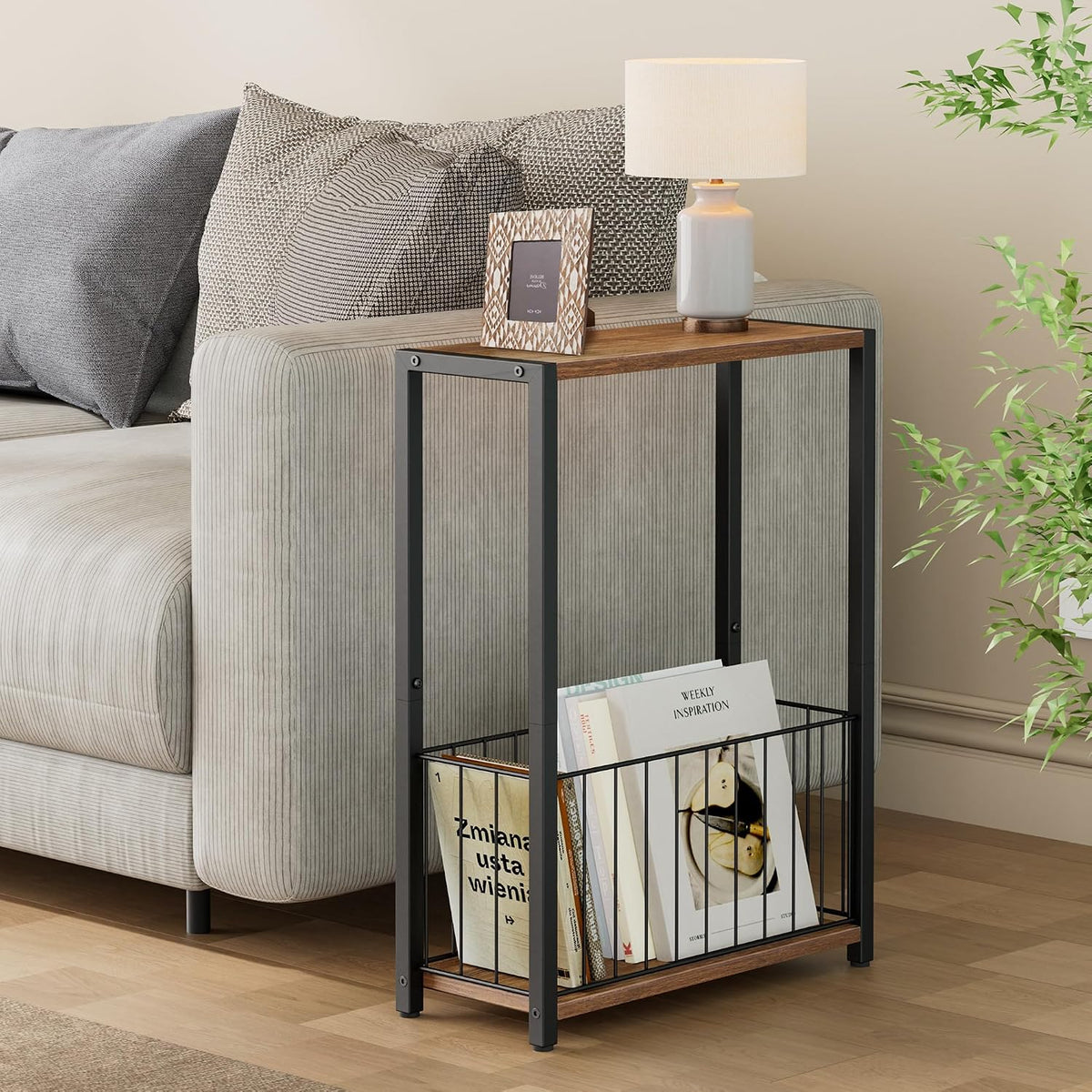 Homleke Narrow Side Table with Magazine Holder, Skinny End Table Perfect for Small Spaces, Space-Saving Design for Living Room, Bedroom, or Office, 7.1" D x 16.9" W x 23.6" H, Rustic Walnut