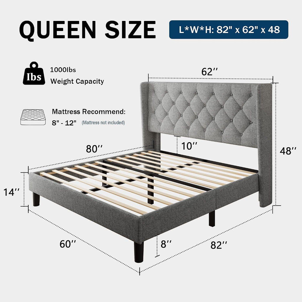 GalnFu Queen Size Bed Frame with Button Tufted Headboard, Upholstered Platform Bed Frame with UnderBed Storage, Wooden Slats Supports, Noise Free, No Box Spring Needed, Easy Assembly, Light Grey