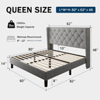 GalnFu Queen Size Bed Frame with Button Tufted Headboard, Upholstered Platform Bed Frame with UnderBed Storage, Wooden Slats Supports, Noise Free, No Box Spring Needed, Easy Assembly, Light Grey