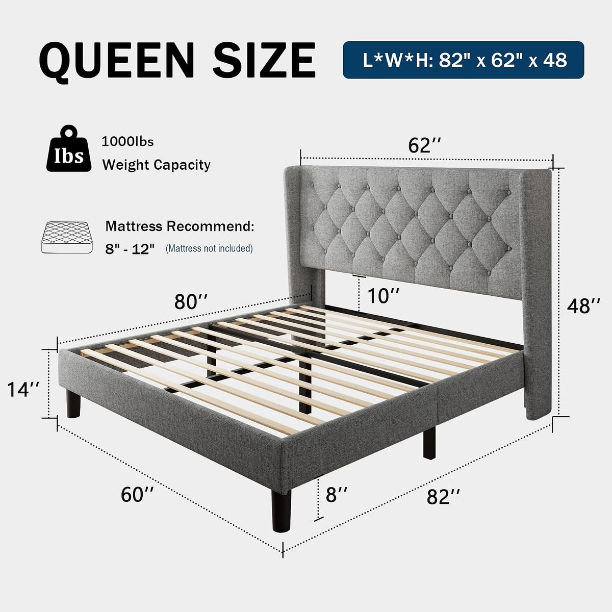 GalnFu Queen Size Bed Frame with Button Tufted Headboard, Upholstered Platform Bed Frame with UnderBed Storage, Wooden Slats Supports, Noise Free, No Box Spring Needed, Easy Assembly, Light Grey