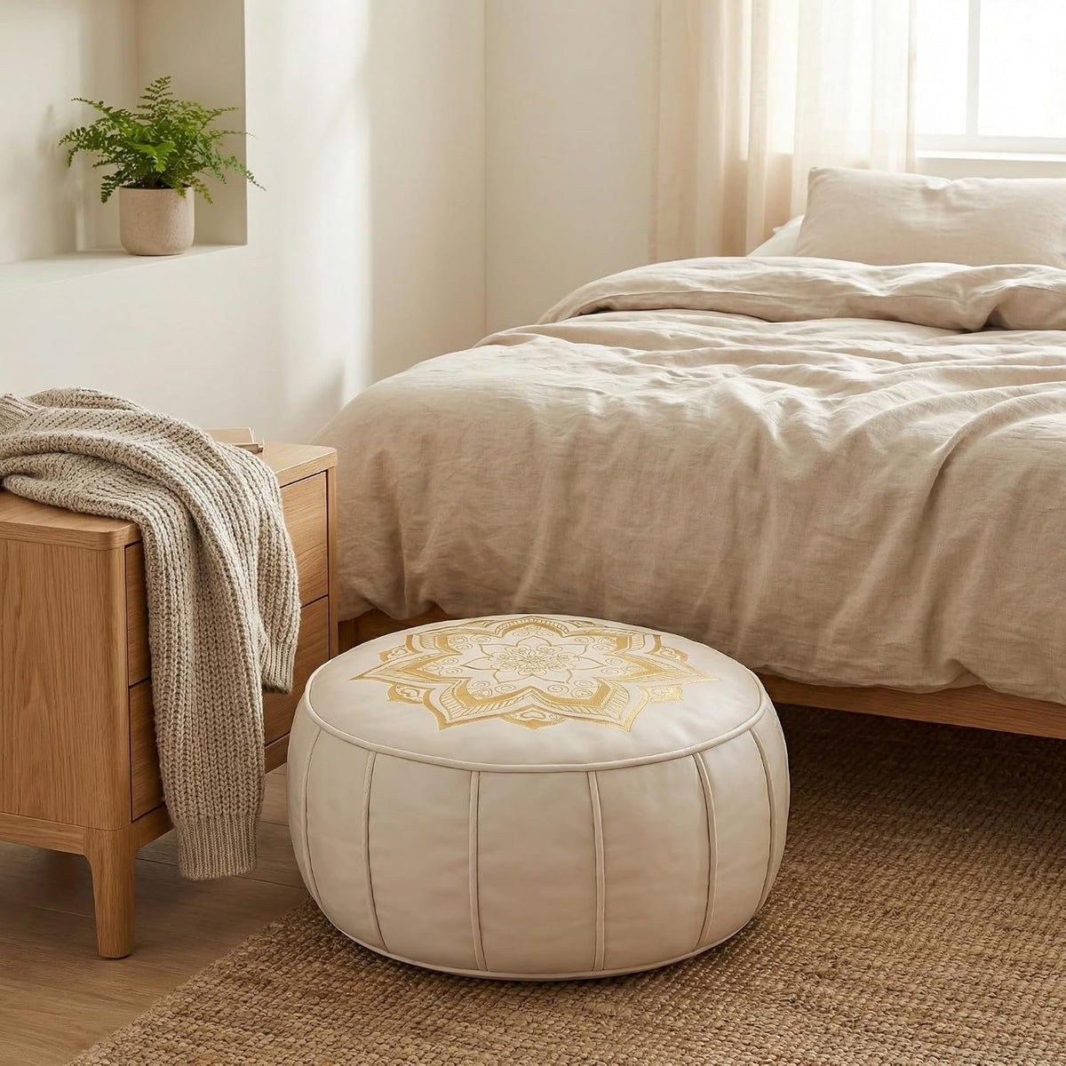 Round Pouf Cover, Premium Leather Ottoman Cover 19in / 48cm, Unstuffed Floor Pouf with Handcrafted Embroidery, Boho Footrest for Living Room, Meditation Cushion, Home Decor (Cream Beige)