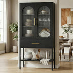 63" Tall Metal Storage Cabinet with Glass Doors, Kitchen Pantry Cabinet with Drawers & Adjustable Shelves, Freestanding Metal Cabinet for Kitchen, Dining Room and Home Organization Black