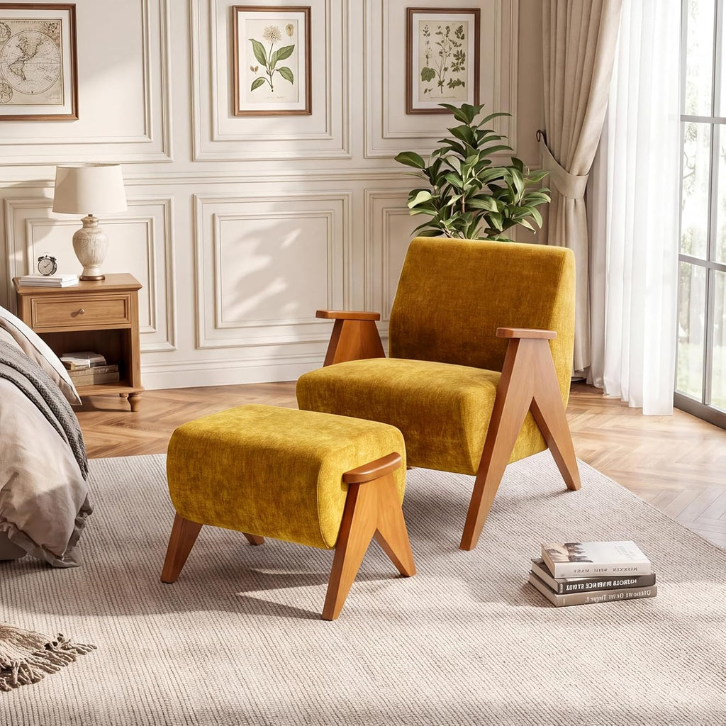 Linen Padded footstools Mid Century Modern Ottoman with Wood Frame, Lounge Upholstered Ottoman, Reading Chair, Sturdy Base, Suitable for Resting Your feet on a Lounge Chair Yellow