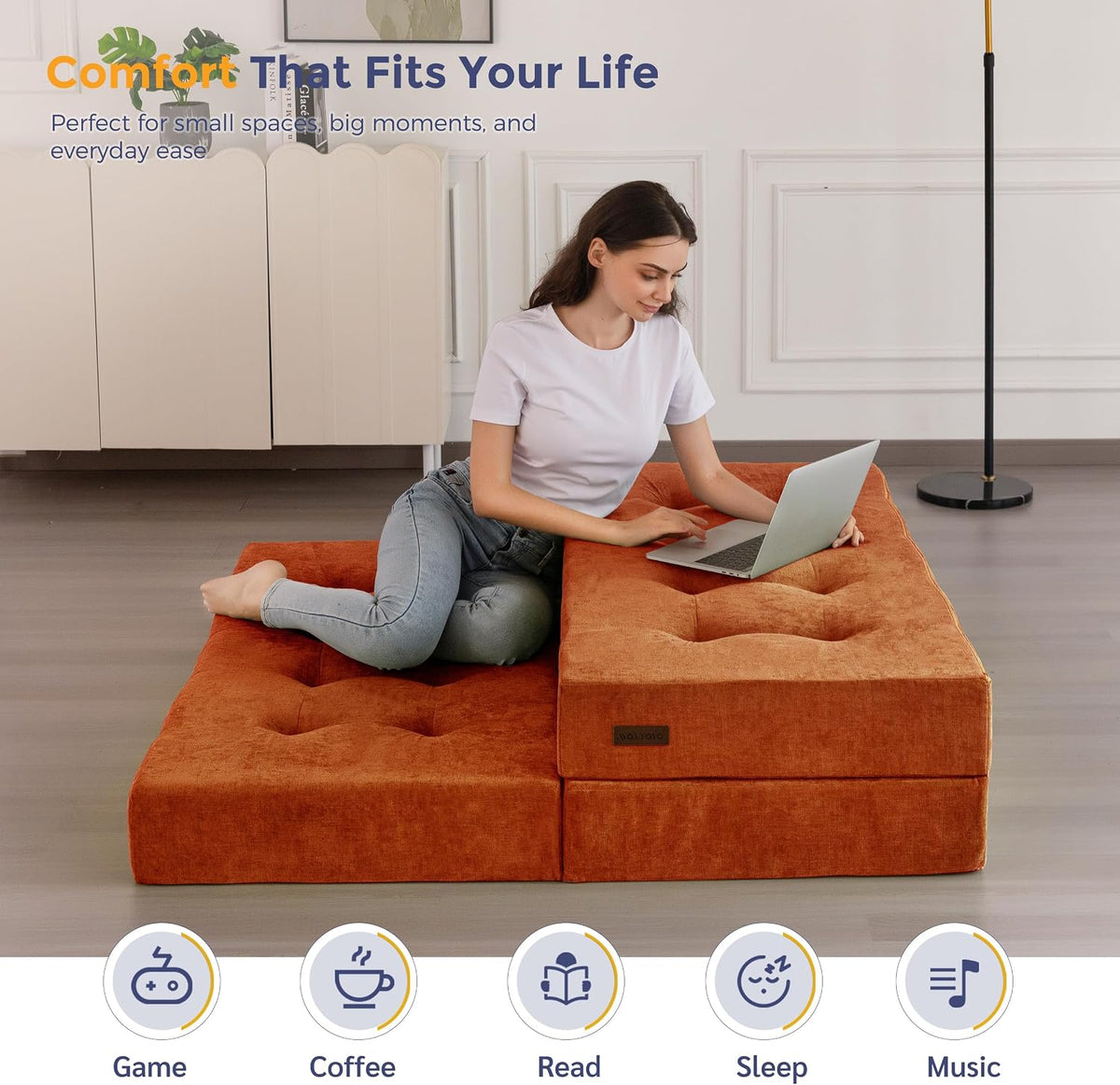 MAXYOYO 6" Folding Sofa Bed for Floor, Tufted Tri-Fold Floor Mattress | Full Size Portable Sofa Couch Guest Mat with Chenille Fabric for Adults, Foldable Topper for Camping, Orange, Full
