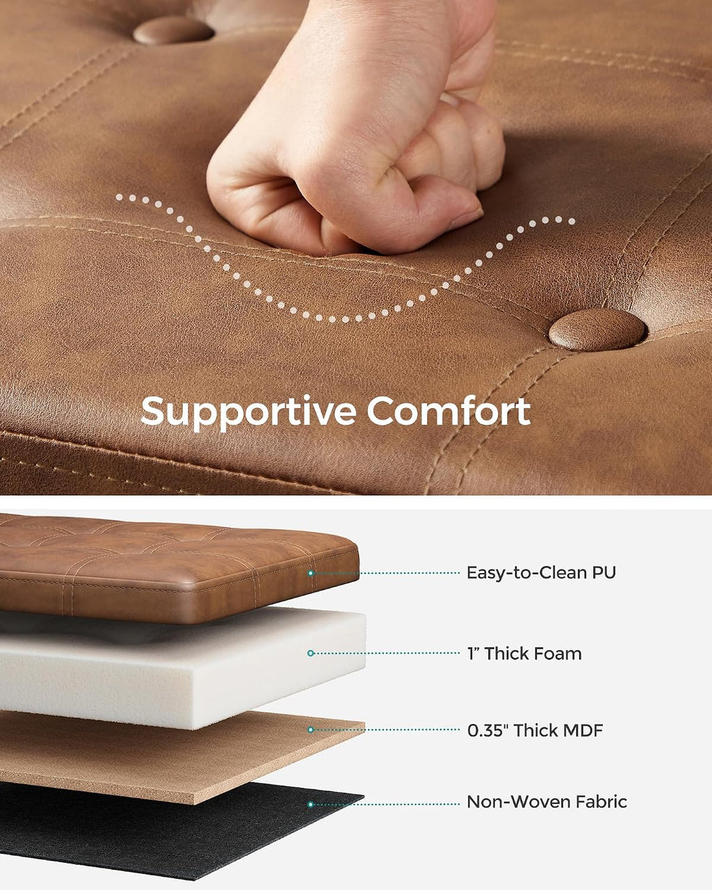 SONGMICS Storage Ottoman Bench, 43.3 Inches Folding Foot Rest Stool | PU Leather, Easy Assembly, for Living Room, Bedroom, Entryway, Coffee Brown, MINOTA Collection ULSF070K01