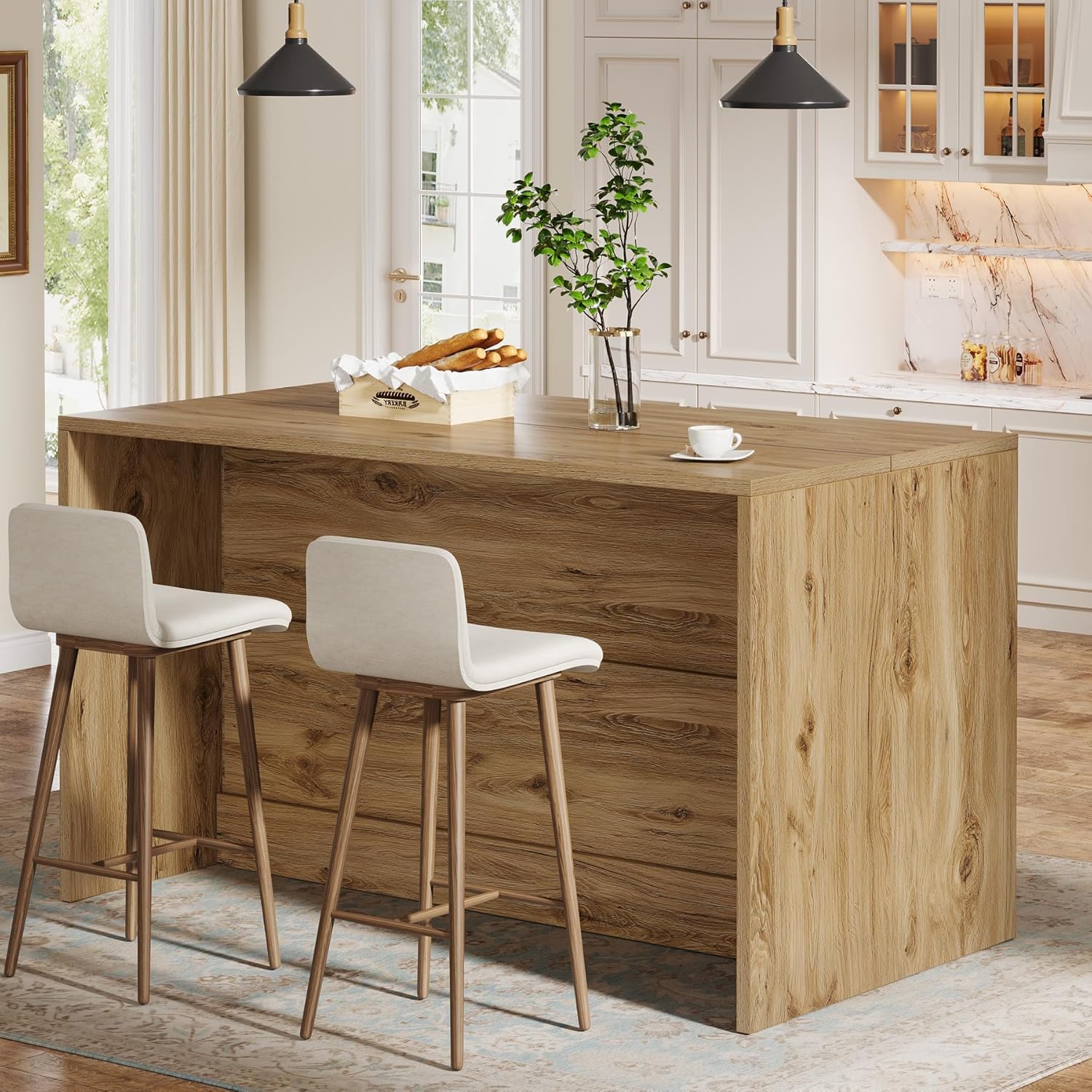 Tribesigns 59-Inch Kitchen Island with Storage, 3-Tier Farmhouse Stationary Island Table with Large Worktop & Seating Area, Rectangular Breakfast Counter for Kitchen, Dining Room, Light Wood