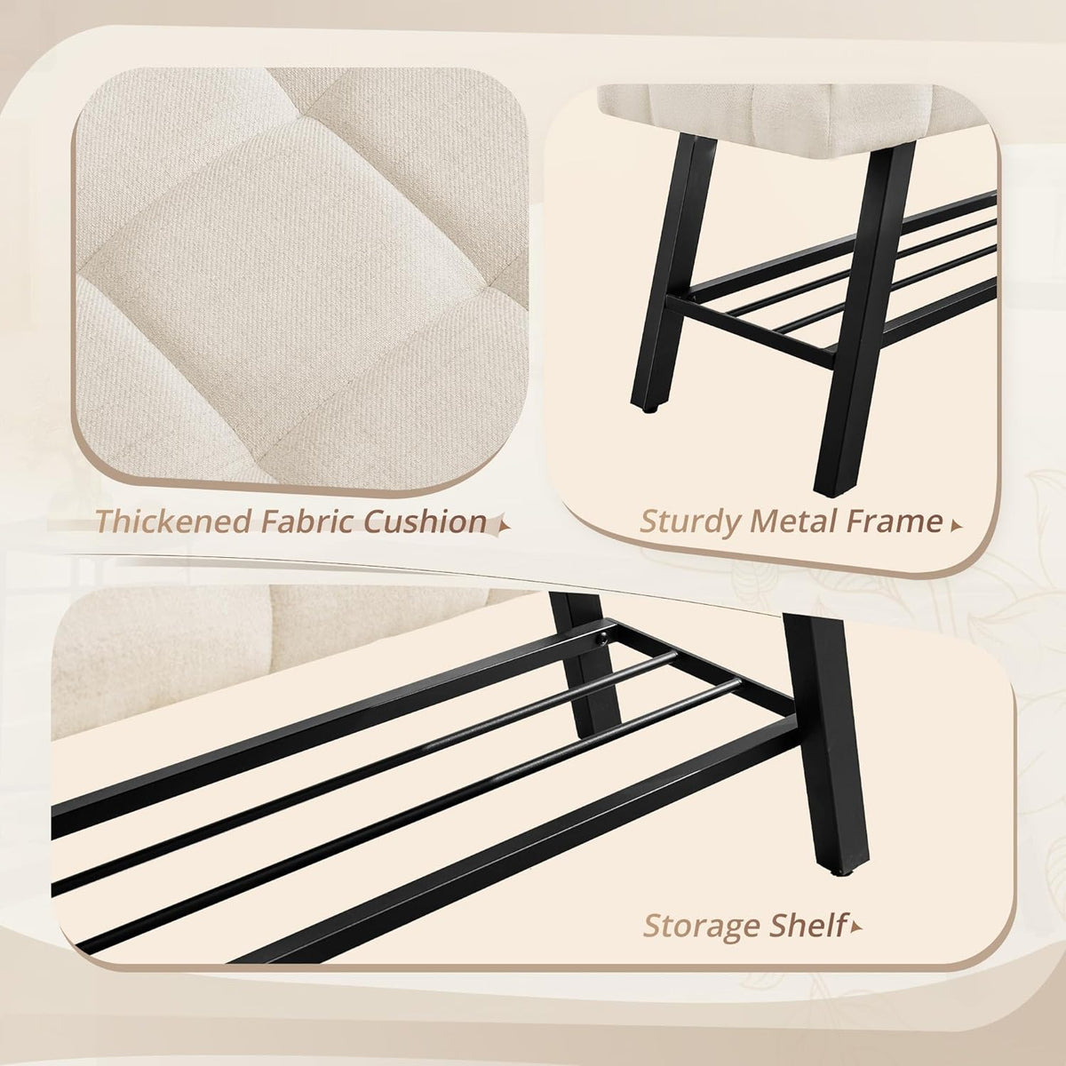 LUE BONA 45" Entryway Bench with Storage Shelf, End of Bed Bench with Tufted Linen Fabric Seat, Bedroom Bench with Metal Frame, 330 LBS Capacity for Entryway, Living Room, Hallway, Linen Color