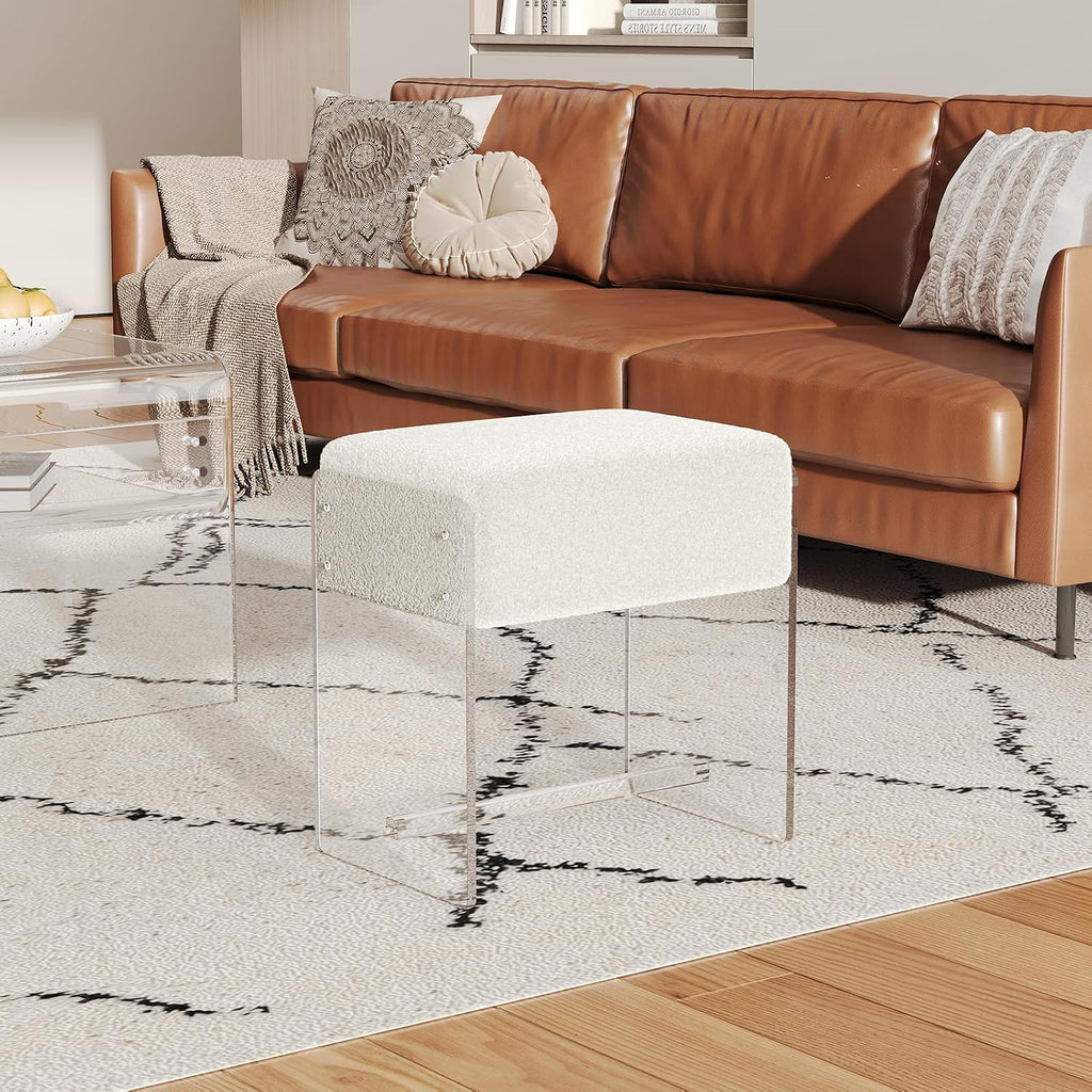 Vanity Stool Chair, Soft Ottoman with Clear Acrylic Legs, Modern Padded Seat Footstool for Entryway, Hallways, Bedrooms and Living Room (White)