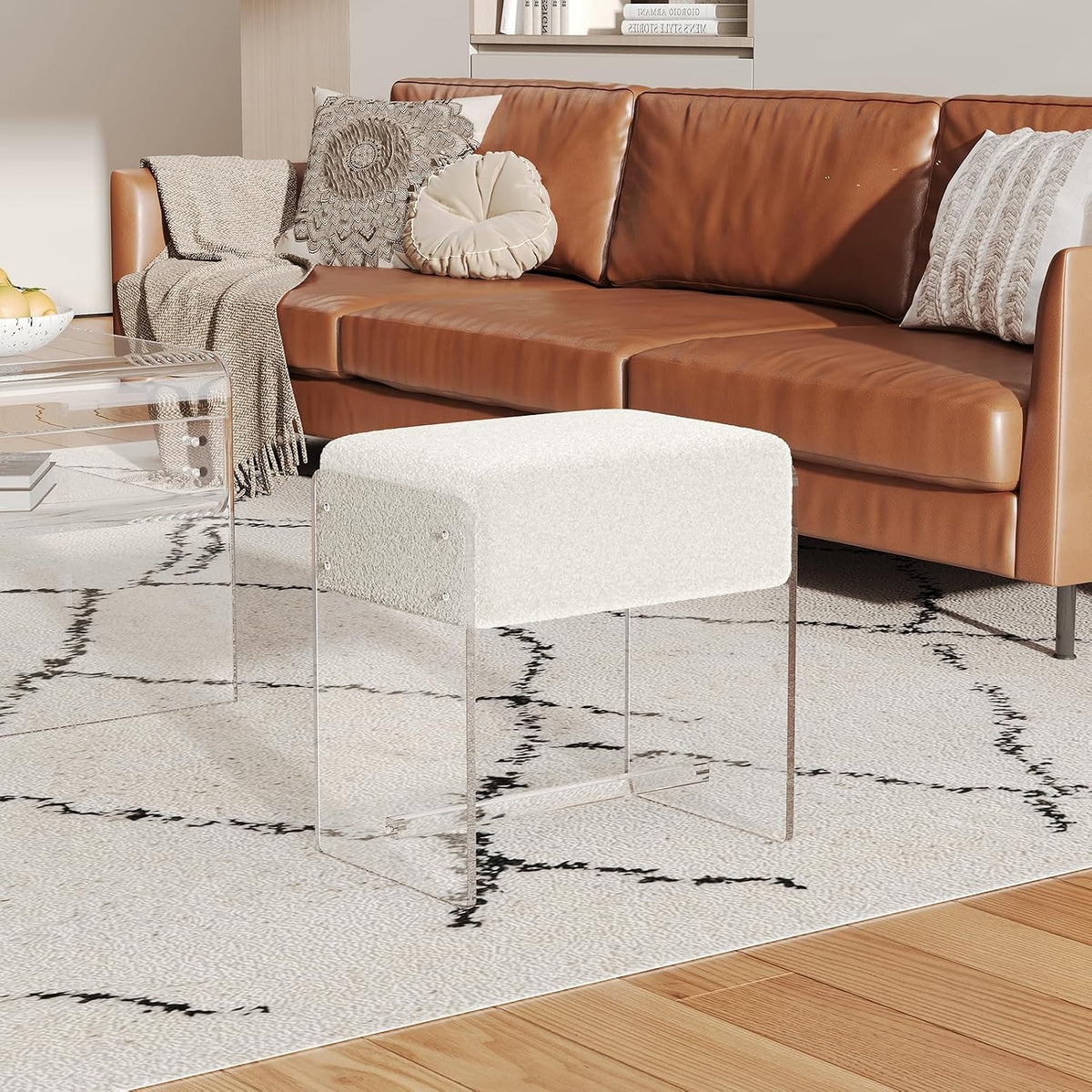 Vanity Stool Chair, Soft Ottoman with Clear Acrylic Legs, Modern Padded Seat Footstool for Entryway, Hallways, Bedrooms and Living Room (White)