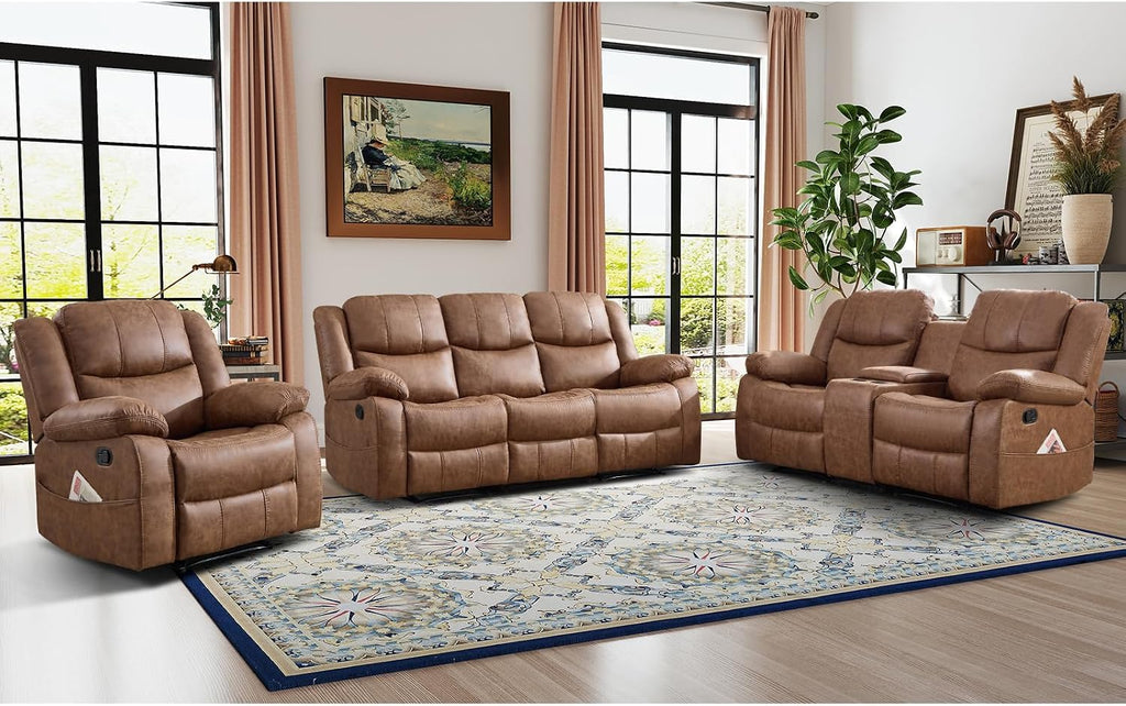 EBELLO 3 Pieces Faux Leather Recliner Sofa Furniture Set, Includes a Manual Reclining 1 Seat Chair, a Loveseat and a 3 Seat Couch, with Cup Holders and Storage for Living Room, Brown